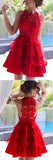 Red Short Prom Dresses, A-line Lace Scoop Neck Chiffon Tiered Homecoming Dresses, SH88