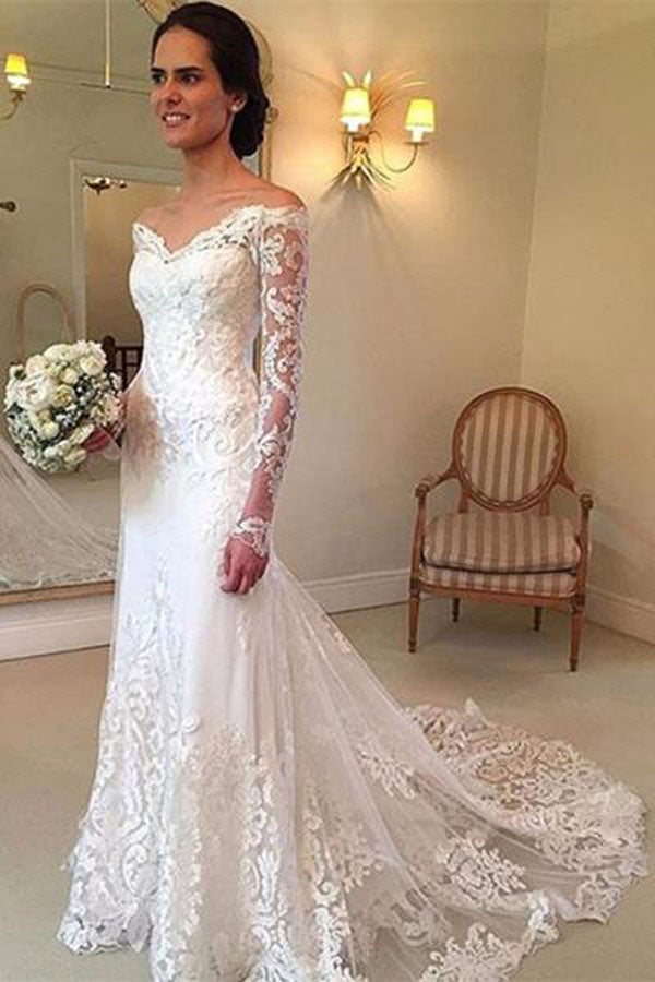 White Off Shoulder Lace Long Sleeves Wedding Dress Bridal Gown, SW93