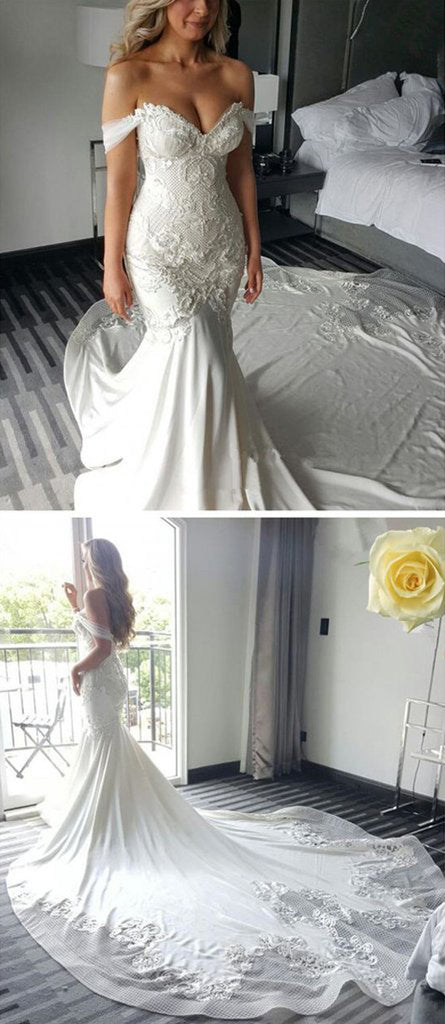 Charming Off Shoulder Mermaid Sweetheart Long Wedding Dress, SW95
