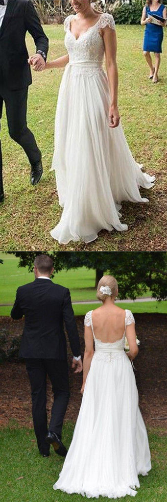 Ivory Cap Sleeves Lace Open Back Elegant BeachWedding Dress Bridal Bridal,SW62