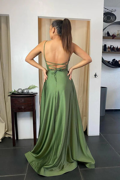 Sage Green A-line Spaghetti Straps Long Prom Dresses SP821