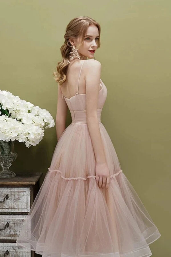 Pink Tulle Spaghetti Straps Tea Length Short Prom Dress, Homecoming Dress, SH584 | a line homecoming dresses | dresses for homecoming | graduation dresses | simidress.com