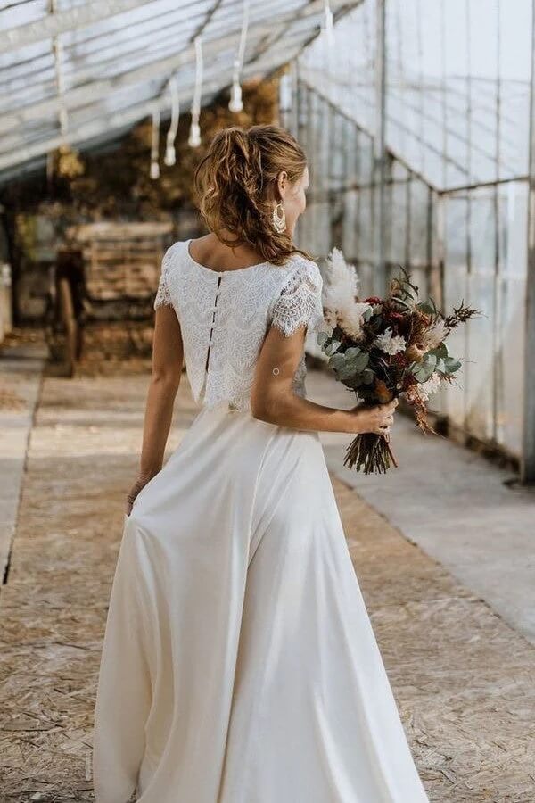 Satin A-line Lace Top Short Sleeves Two Piece Cheap Wedding Dresses, SW551 | satin wedding dresses | lace wedding dresses | wedding gown | simidress.com