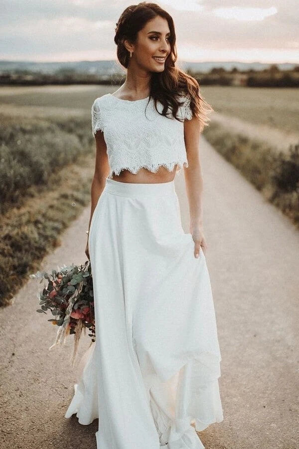 Satin A-line Lace Top Short Sleeves Two Piece Cheap Wedding Dresses, SW551 | cheap lace wedding dresses | beach wedding dresses | two piece wedding dresses | simidress.com