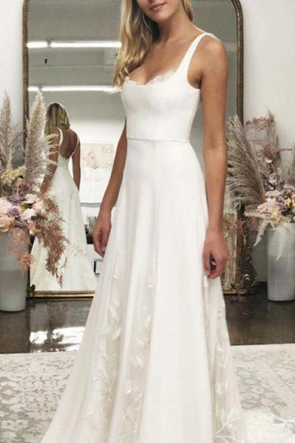Satin A-line Spaghetti Straps Wedding Dresses with Tulle Appliques, SW468 | cheap wedding dresses online | bridal outfit | satin a line wedding dress | www.simidress.com