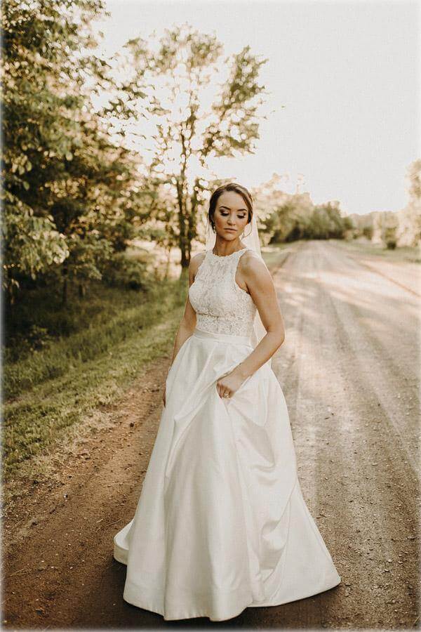 Satin Lace A-line Halter Illusion Neck Wedding Dresses With Sweep Train, SW535 | boho wedding dress | a line wedding dress | wedding gowns | www.simidress.com