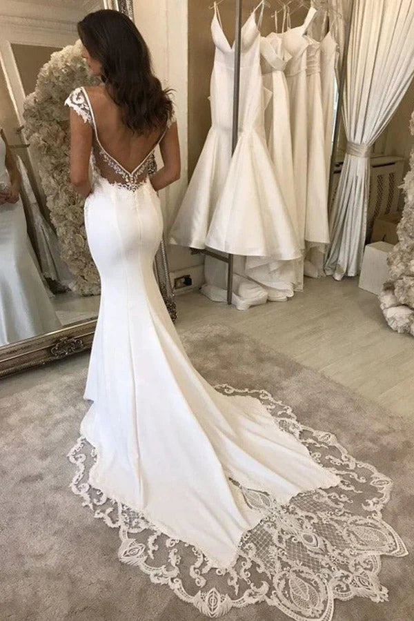 Satin Mermaid Cap Sleeves Backless V-neck Wedding Dresses With Appliques, SW530 | bohemian wedding dresses | summer wedding dresses | wedding gown | www.simidress.com