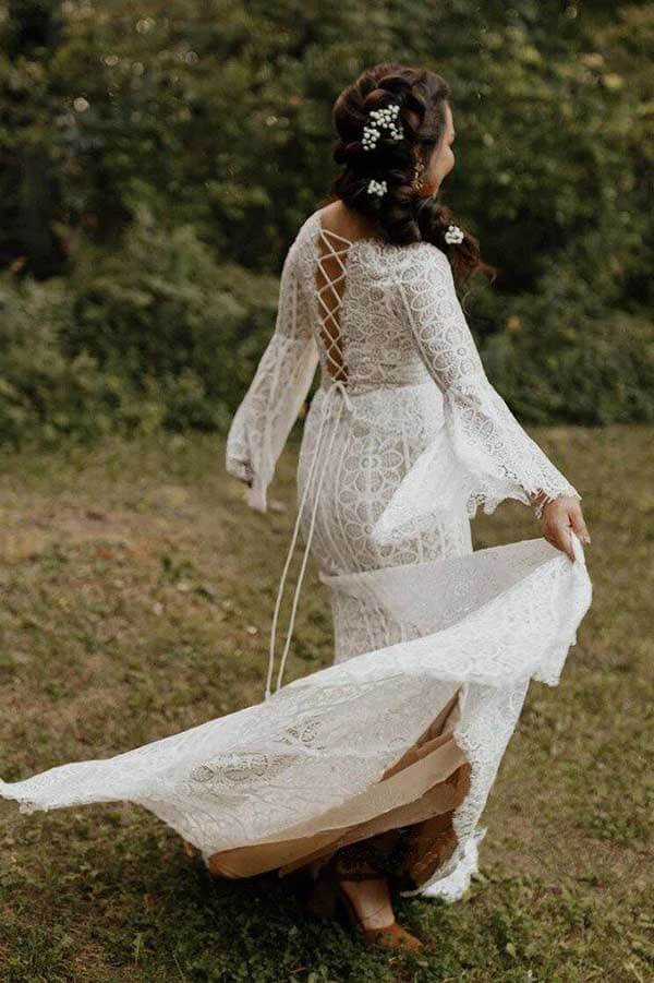 Sheath Lace Long Sleeves Wedding Gown, Lace Up Beach Wedding Dresses, SW531 | cheap lace wedding dresses | wedding dress stores | long wedding dresses | www.simidress.com