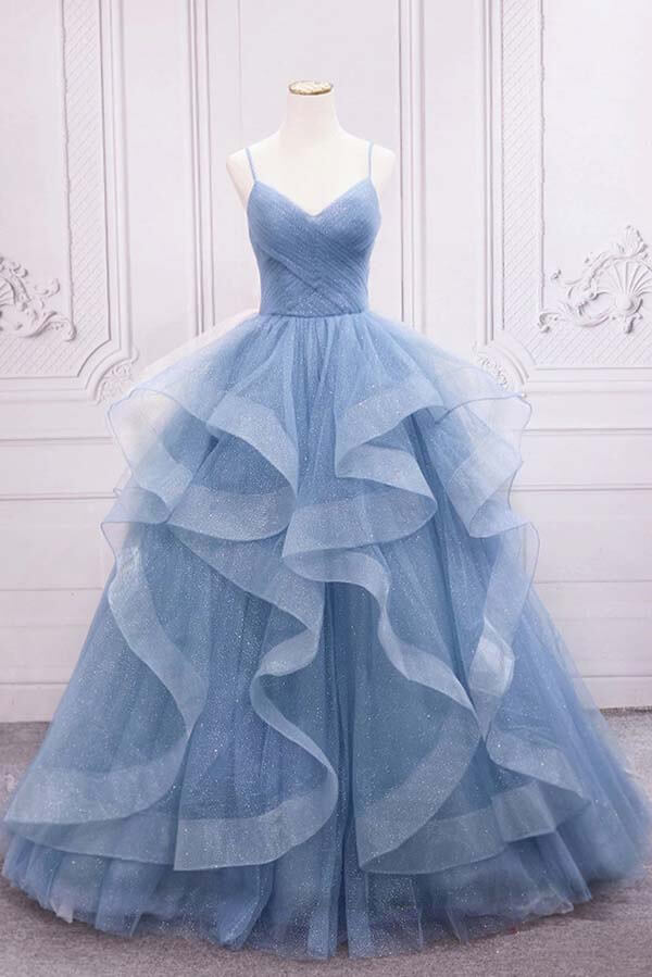Shiny Blue Tulle A-line Spaghetti Straps Long Prom Dresses, Evening Gown, SP814 | blue prom dresses | a line prom dresses | shiny prom dresses | www.simidress.com