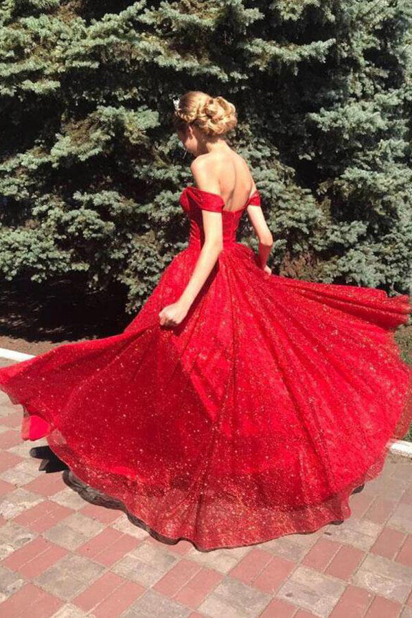 Shiny Red A-Line Off-the-Shoulder Long Prom Dresses, Evening Dresses, SP754 | Sparkly prom dresses online | long formal dresses | evening dresses | www.simidress.com