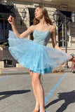Shiny Sky Blue Tulle Sequins Homecoming Dresses, Short Prom Dresses, SH614 | blue homecoming dresses | a line homecoming dresses | sparkly homecoming dresses | simidress.com