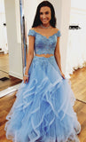 Blue Tulle Off Shoulder Two Piece Prom Dresses Lace Formal Dresses, SP350 | Blue Prom Dresses | two piece prom dresses | tulle prom dresses | lace prom dresses | prom dresses long | prom dresses cheap | Simidress.com