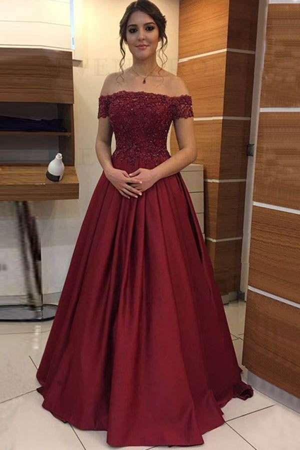 Fashion Satin Beaded Off Shoulder Appliqued Long Prom Dresses | Formal Dress, SP490 | Prom dresses burgundy | Prom dresses ball gown | Satin prom dresses | prom dresses long | Simidress