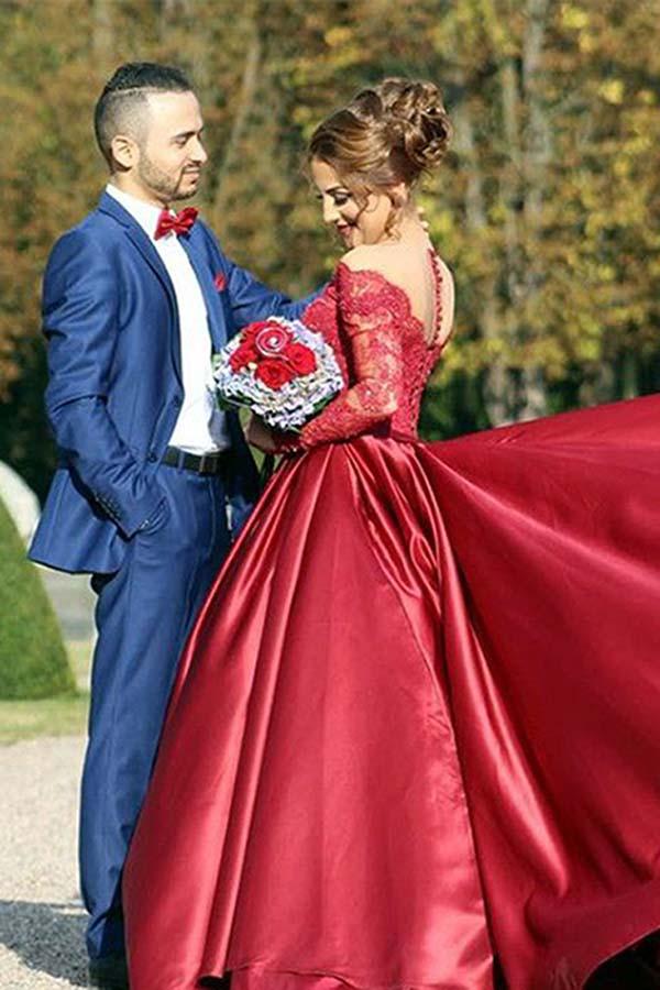 www.simidress.com supply Burgundy Satin Off-The-Shouler Long Sleeves Prom Dress With Train, SP642 at affordable prices