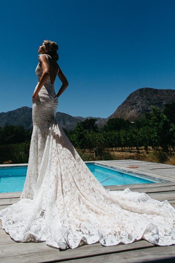 White V-Neck Backless Mermaid Lace Long Wedding Dress With Train, SW208 | mermaid wedding dresses | bridal gowns #cheap lace wedding dresses | wedding dresses online | Simidress