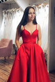 Find New Arrival Satin Red A-line V-neck Spaghetti Straps Long Prom Dresses with Slit, SP590 at simidress.com