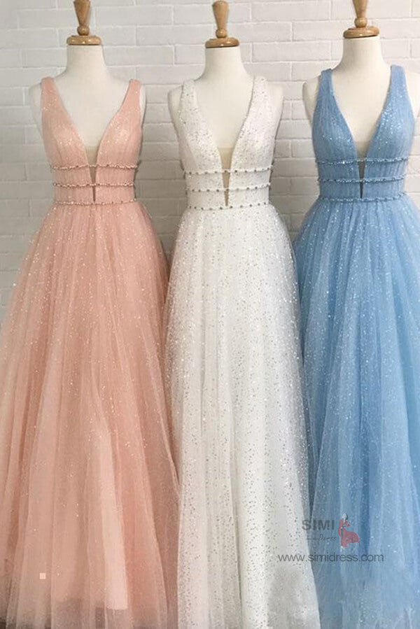 Sparkly A-line Deep V-Neck Beaded Long Prom Dresses, Evening Dresses, SP678 | evening gown | party dresses | long prom dresses | cheap prom dresses | simidress.com