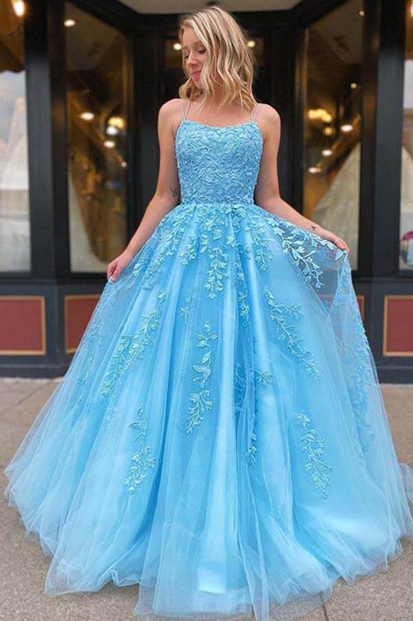 Tulle Lace Scoop Neck Spaghetti Straps Long Prom Dresses, Evening Dress, SP670 | long prom dresses | cheap prom dresses | evening dresses | party dresses | lace prom dresses | tulle prom dresses | simidress.com