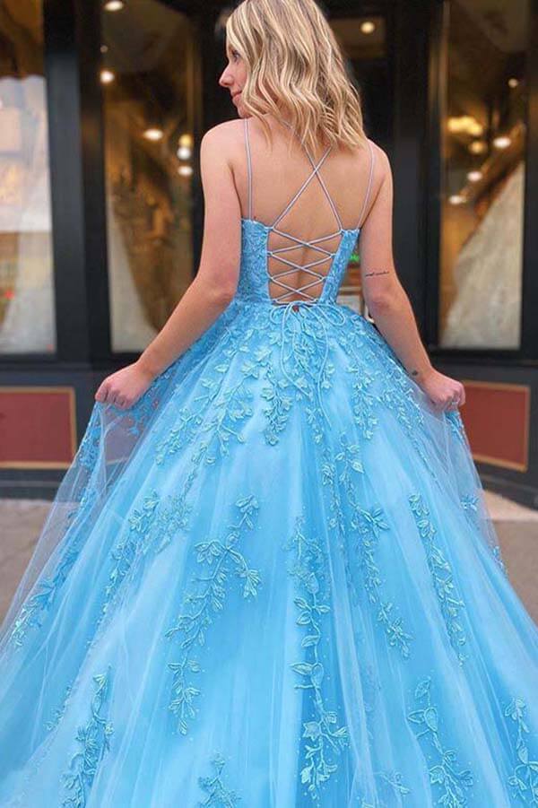 Tulle Lace Scoop Neck Spaghetti Straps Long Prom Dresses, Evening Dress, SP670 | cheap prom dresses | long prom dresses | formal dresses | lace prom dresses | prom gowns | simidress.com