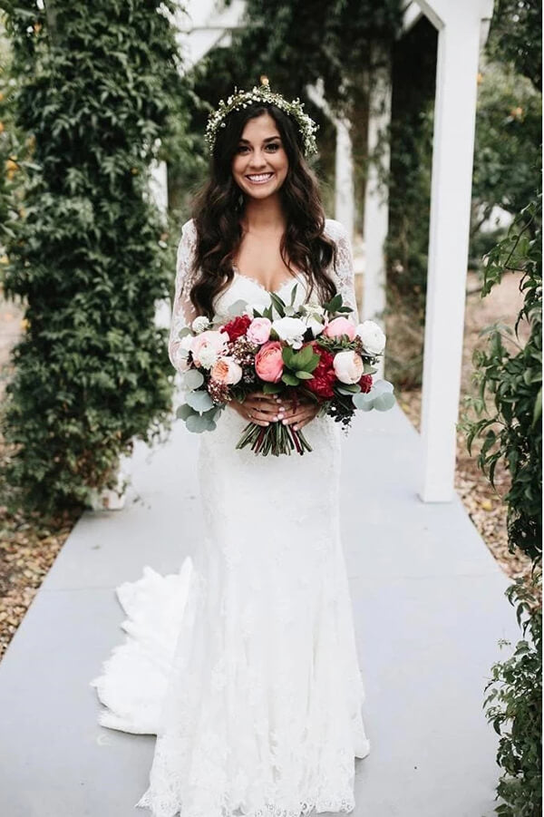 Beautiful Lace Long Sleeves Mermaid V-neck Open Back Wedding Dresses, SW348 | beach wedding dresses | lace wedding dresses | long sleeves wedding dresses | bridal gowns | bridal dresses | cheap wedding dresses | www.simidress.com