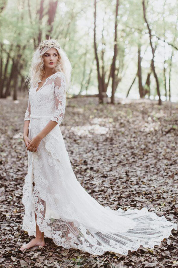 White Tulle Lace Long Sleeves Beach Wedding Dresses, Bridal Gowns, SW405 | cheap wedding dresses | beach wedding dresses | bridal gowns | wedding stores near me | cheap lace wedding dresses | simidress.com