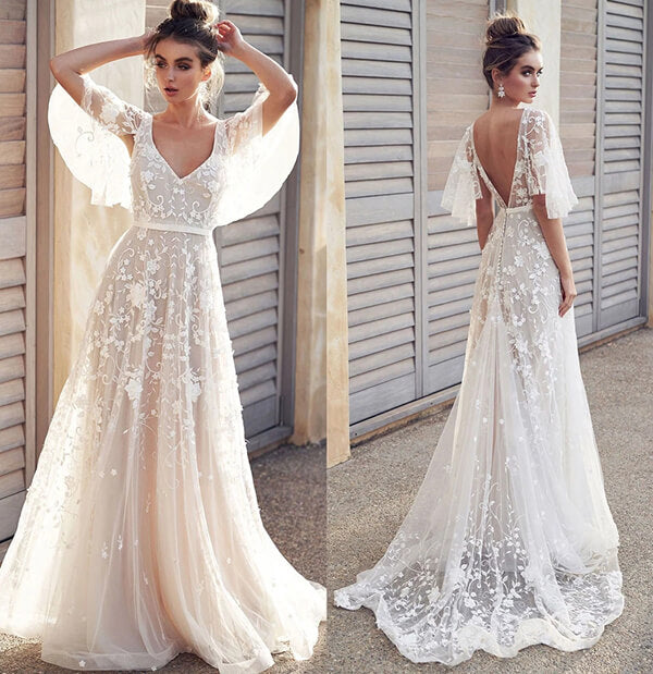 Ivory V-neck Beach Wedding Dresses with Lace Appliques, Bridal Dresses, SW407 | cheap wedding dresses | lace wedding dresses | bridal gowns | boho wedding dress | mermaid wedding dress | long sleeve wedding dress |   beach wedding dress | plus size wedding dress | bridesmaid dresses | wedding dress | dress for wedding | www.simidress.com