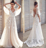 Ivory V-neck Beach Wedding Dresses with Lace Appliques, Bridal Dresses, SW407 | cheap wedding dresses | lace wedding dresses | bridal gowns | boho wedding dress | mermaid wedding dress | long sleeve wedding dress |   beach wedding dress | plus size wedding dress | bridesmaid dresses | wedding dress | dress for wedding | www.simidress.com