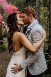 Simple Chiffon Lace A-line V-neck Spaghetti Straps Beach Wedding Dresses, SW499 | ivory lace wedding dresss | wedding dresses online | wedding dresses | www.simidress.com