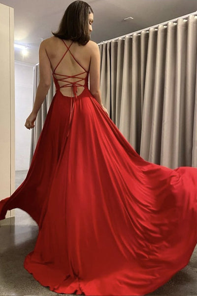 red chiffon backless dress Red Chiffon Spaghetti Straps Prom Dresses With Split SP777