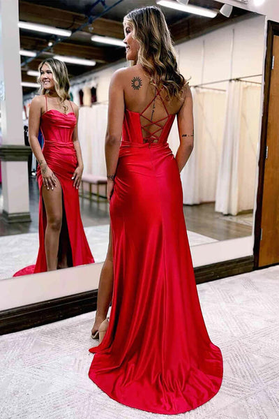 Red Spaghetti Straps Prom Dresses With Side Slit SP914 Simidress