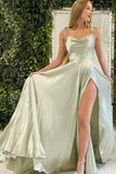 Simple Sage Green A-line Cowl Neck Prom Dresses with Slit, Evening Dress, SP813