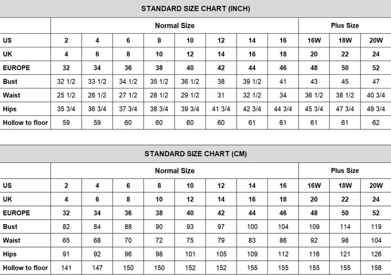 Size Chart for wedding dresses at simidress.com