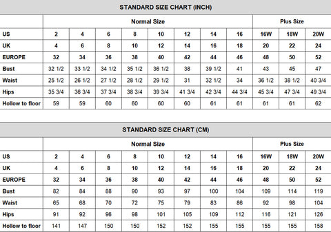 Size Chart for wedding dresses at simidress.com