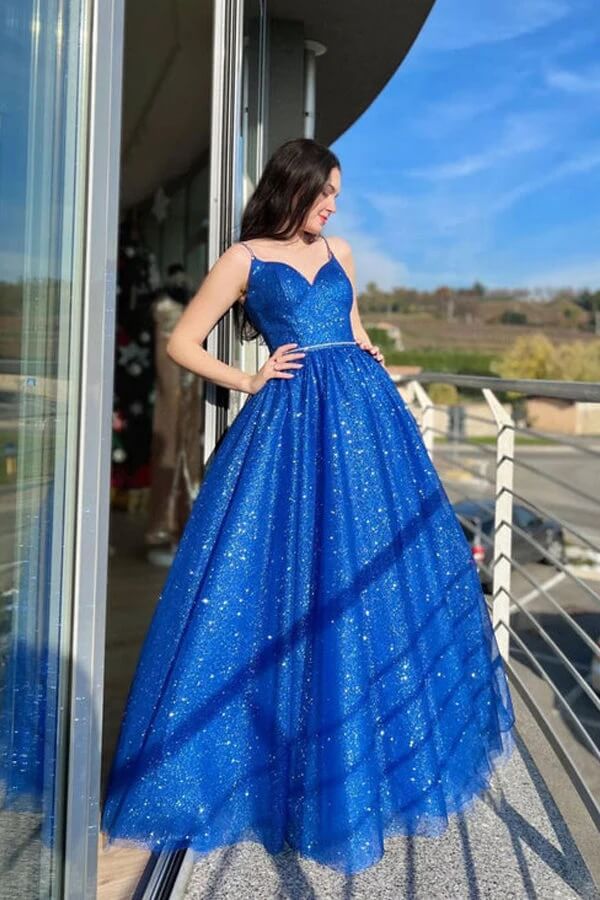 Sparkly Blue Tulle A-line Spaghetti Straps Prom Dresses, Evening Dresses, SP910 | shiny prom dresses | blue prom dresses | evening gown | simidress.com