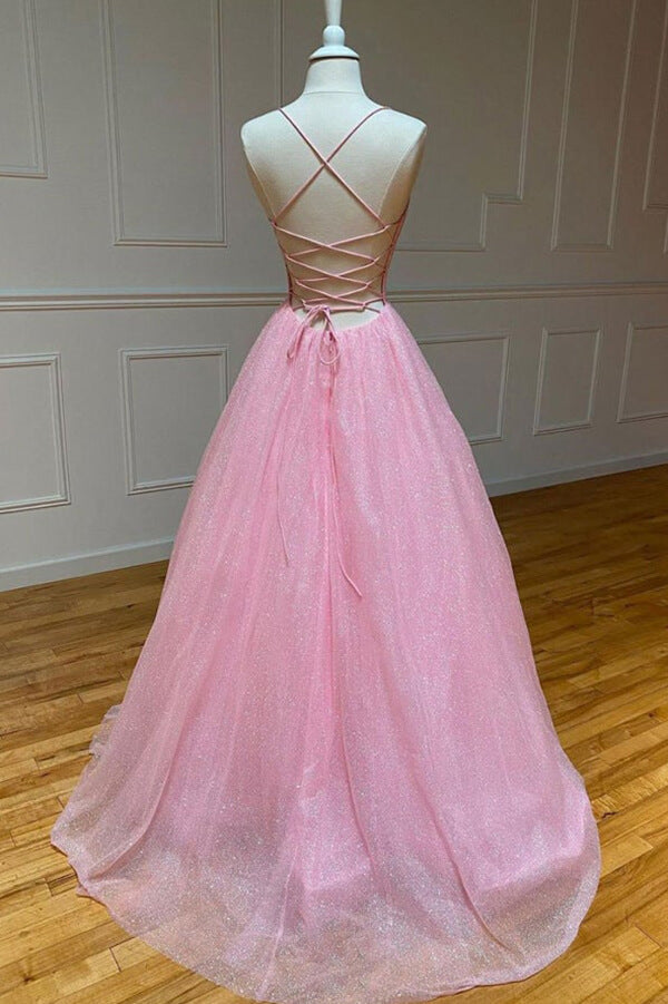 Sparkly Pink Tulle A-line Spaghetti Straps Prom Dresses, Evening Gown, SP741 | cheap prom dresses | vintage prom dresses | shiny tulle prom dresses | www.simidress.com