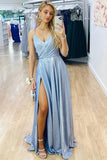 Sparkly Light Blue A-line V-neck Prom Dresses With Side Slit, Evening Gown, SP806