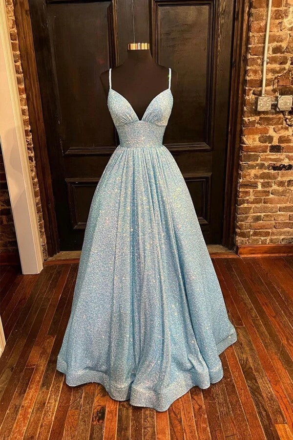 Sparkly Sequins A-Line V-neck Spaghetti Straps Prom Dresses With Pockets, SP870 | sky blue prom dresses | shiny prom dresses | sequins prom dresses | simidress.com