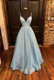Sparkly Sequins A-Line V-neck Spaghetti Straps Prom Dresses With Pockets, SP870 | sky blue prom dresses | shiny prom dresses | sequins prom dresses | simidress.com