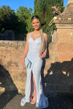 Sparkly Sheath Spaghetti Straps V Neck Prom Dresses With Sweep Train, SP968 | simple prom dress | sheath prom dress | evening gown | simidress.com