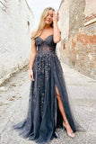 Stunning Grey Tulle A-line Sweetheart Lace Prom Dresses, Evening Dress, SP898