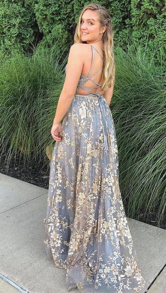 Stylish Tulle Grey Lace A-line V-neck Long Prom Dresses, Evening Gowns, SP776 | evening gowns | long formal dresses | vintage prom dresses | www.simidress.com