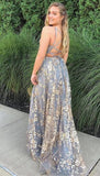 Stylish Tulle Grey Lace A-line V-neck Long Prom Dresses, Evening Gowns, SP776 | evening gowns | long formal dresses | vintage prom dresses | www.simidress.com