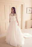 Tulle A-line 3/4 Sleeves Lace Wedding Dresses With Train, Bridal Gown, SW607
