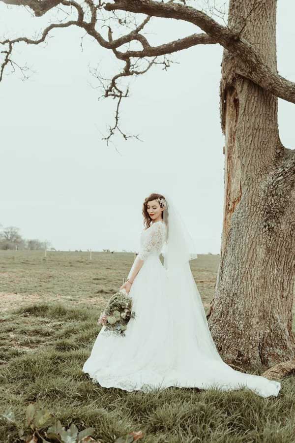 Tulle A-line Bateau Neck Backless Lace Wedding Dresses With Half Sleeves, SW575 | a line lace wedding gown | bridal styles | wedding dresses stores | simidress.com