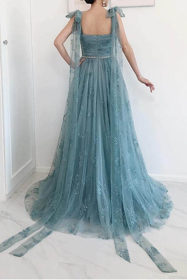 Tulle A-line Bow Tie Straps High Split Prom Dresses, Long Formal Dresses, SP928 | prom dresses online | prom dresses near me | party dress | simidress.com