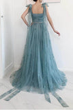 Tulle A-line Bow Tie Straps High Split Prom Dresses, Long Formal Dresses, SP928 | prom dresses online | prom dresses near me | party dress | simidress.com