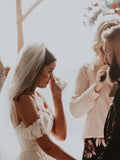 Tulle A-line Off-the-Shoulder Sweep Train Wedding Dresses With Appliques, SW484 | lace wedding gown | beach wedding gown | plus size wedding dresses | www.simidress.com
