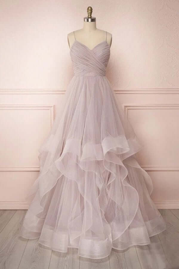Tulle A-line Spaghetti Straps Pleated Long Prom Dresses, Evening Gown, SP731 | long prom dresses | evening dress | party dresses | www.simidress.com