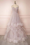 Tulle A-line Spaghetti Straps Pleated Long Prom Dresses, Evening Gown, SP731
