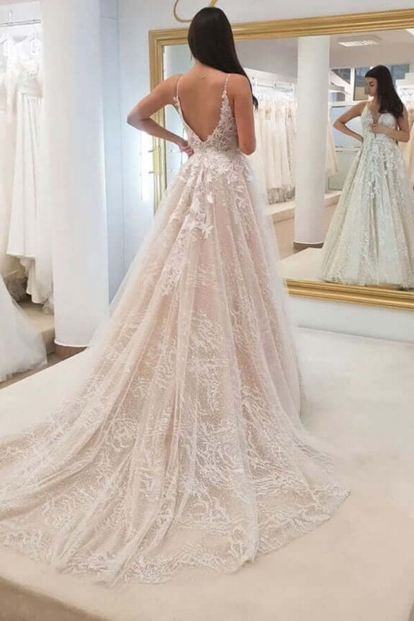 Tulle A-line V-neck Lace Appliques Wedding Dresses, Wedding Gown, SW588 | cheap wedding dresses online | vintage wedding dresses | wedding dresses near me | bridal gown | simidress.com